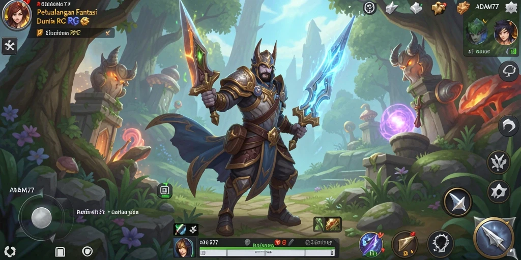 Screenshot utama dari gameplay RPG ADAM77 menunjukkan aksi pertempuran yang mendebarkan.