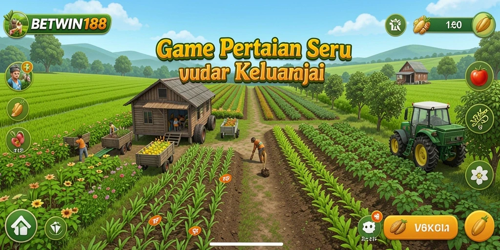 Tampilan gameplay BETWIN188 dengan pertanian aktif dan hewan ternak.