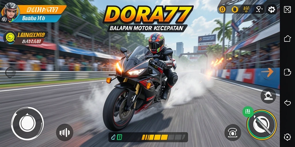 Screenshot DORA77 menunjukkan balapan motor seru di trek menantang.