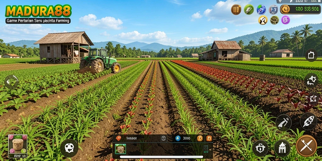 Tampilan gameplay MADURA88 dengan pertanian yang menawan.