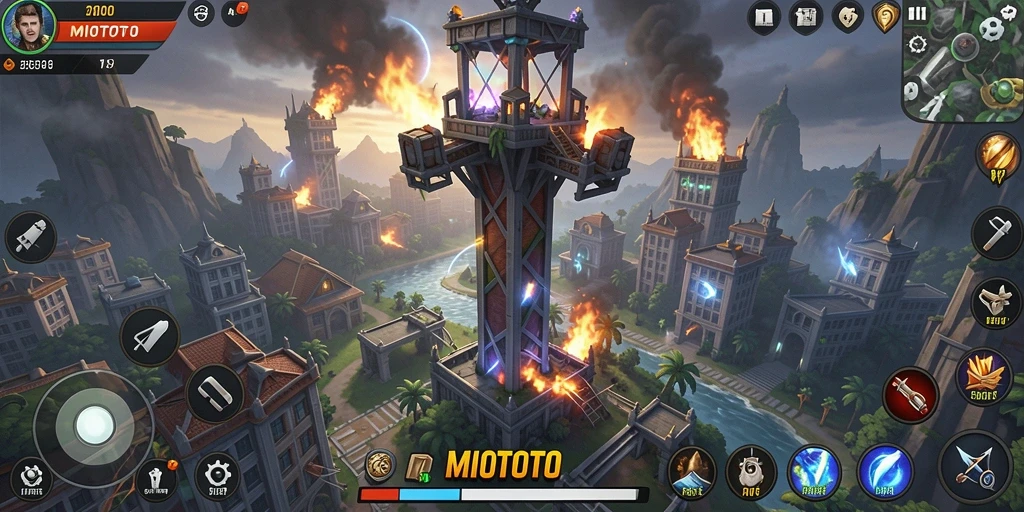 Tampilan menegangkan permainan Tower Defense MIOTOTO dengan menara dan musuh yang sedang beraksi.