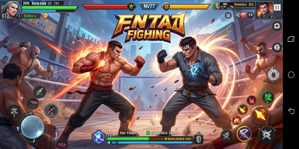 Gameplay seru NV77 dengan karakter yang bertarung di arena yang menarik.