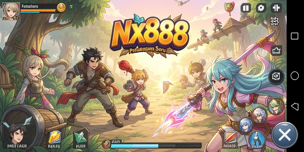 Tampilan gameplay NX888 dengan karakter anime yang beraksi.