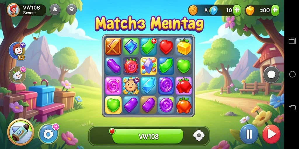 Screenshot VW108 menampilkan gameplay menarik dalam genre Match-3.