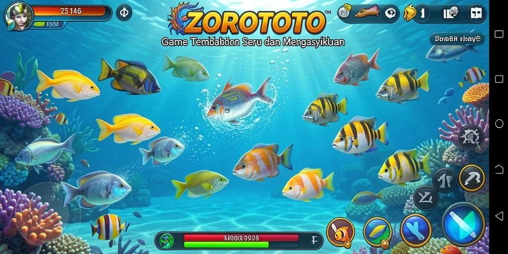 Tampilan gameplay ZOROTOTO yang seru dengan berbagai ikan berwarna-warni.